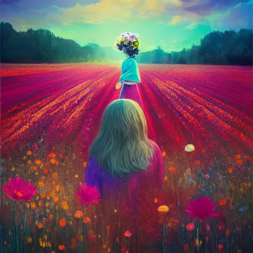 Prompt: girl with a flower face, surreal photography, dream, standing in flower field, magical, in a valley, sunrise dramatic light, impressionist painting, colorful clouds, artstation, simon stalenhag, flower face