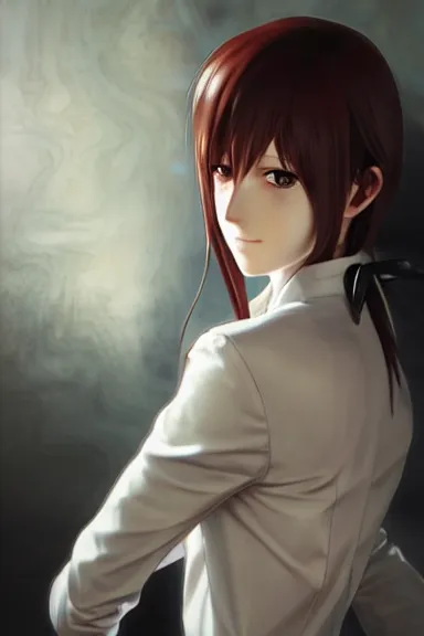 Image similar to a hyperrealistic render of Makise Kurisu from Steins;Gate, white shirt and brown jacket, Nitroplus visual novel 2009 render, by Artgerm,Greg Rutkowski,Alphonse Mucha, Beautiful dynamic lighting,shadows,cinematic atmosphere,Artstation,concept design art,Octane render,8K