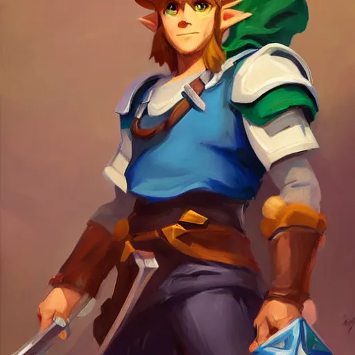 Image similar to greg manchess portrait painting of link from legend of zelda as overwatch character, medium shot, asymmetrical, profile picture, organic painting, sunny day, matte painting, bold shapes, hard edges, street art, trending on artstation, by huang guangjian and gil elvgren and sachin teng