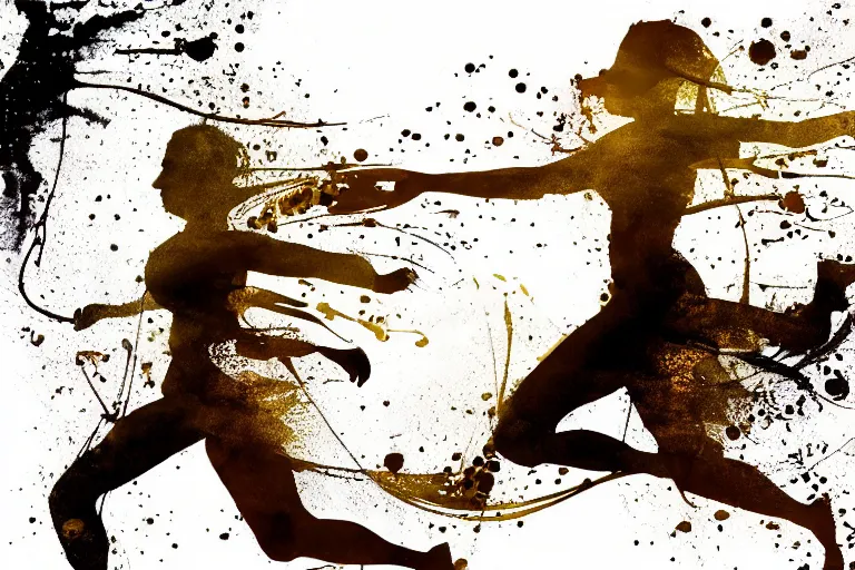 Image similar to beautiful serene running woman, exploration of motion and life, minimalistic golden and ink airbrush painting on white background