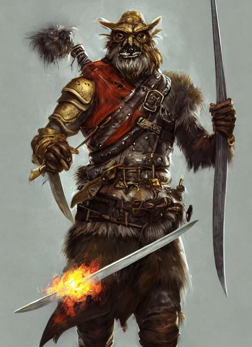 Image similar to photorealistic bugbear ranger holding sword on fire, magic, black beard, dungeons and dragons, pathfinder, roleplaying game art, hunters gear, jeweled ornate leather and steel armour, concept art, character design on white background, by sargent, norman rockwell, makoto shinkai, kim jung giu, artstation trending, poster art, colours red