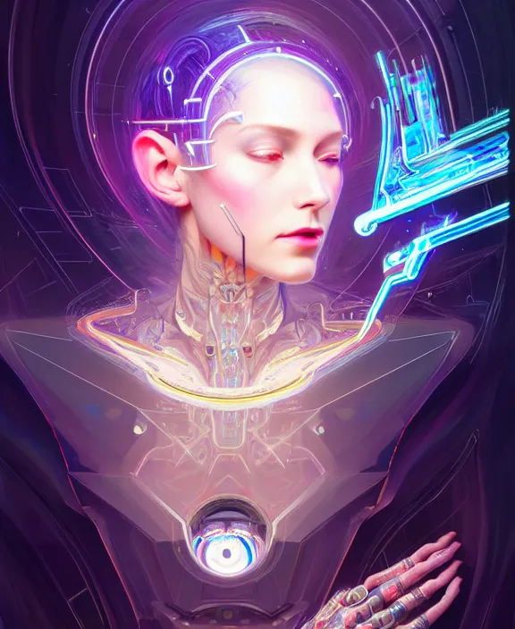 Image similar to a whirlwind of souls rushing inside the metaverse, hologram, half body, piercing, neurochip, shaved temple, jewelry, android, cyborg, cyberpunk face, by loish, d & d, fantasy, intricate, elegant, highly detailed, colorful, digital painting, artstation, concept art, art by artgerm and greg rutkowski and alphonse mucha