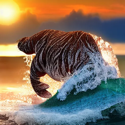 Image similar to a closeup photorealistic photograph of a cute smiling knitted tiger hippopotamus splashing in the surf at sunset. waves in background. professional capture. brightly lit scene. this 4 k hd image is trending on artstation, featured on behance, well - rendered, extra crisp, features intricate detail, epic composition and the style of unreal engine.