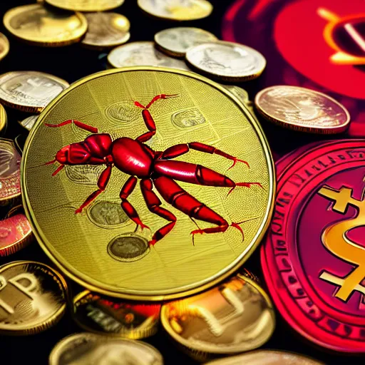 Prompt: photography of a realistic a very detailed red scorpion with yellow tail on top of cryptocurrency coins of different colors, some gems, a few diamonds animal, ultra detailed, 8 k, cinematic lighting, natural background, trending on artstation, pokemon