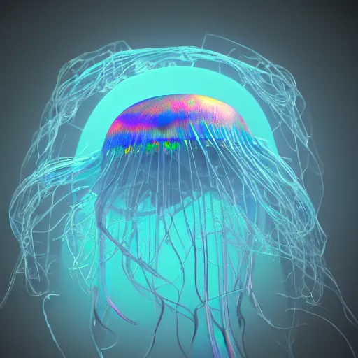 Image similar to a jellyfish, trending on cgsociety, abstract illusionism, global illumination, iridescent, holographic