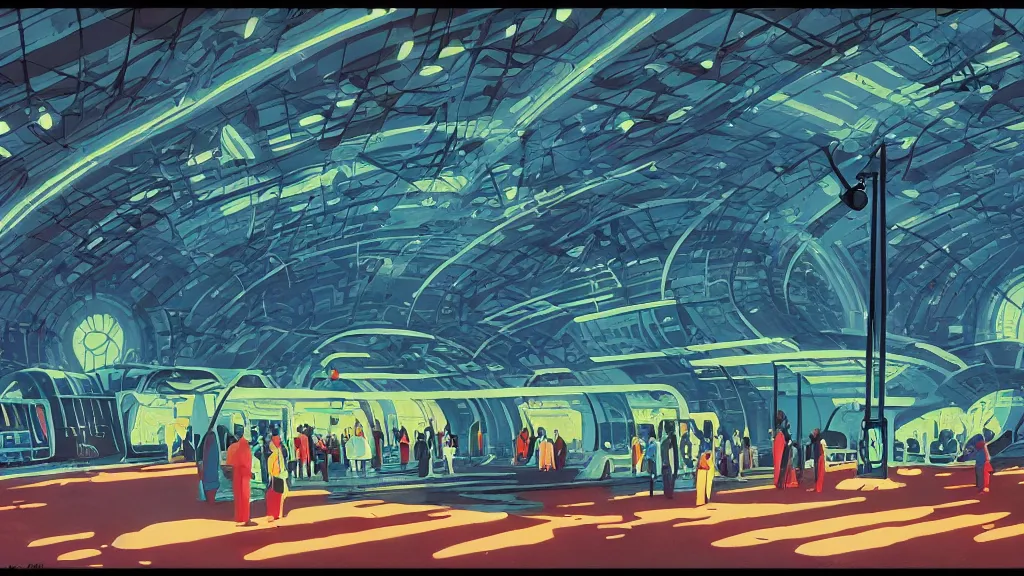 Image similar to 7 0 s sci - fi train station interior, retrofuturism, gouache, animated film, stylised, illustration, by eyvind earle, scott wills, genndy tartakovski