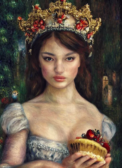 Image similar to closeup medieval renoir face portrait of a fairytale princess wearing a crown eating cakes in the castle, bikini, depth of field, zeiss lens, detailed and intricate environment, fashion photoshoot by nicoletta ceccoli, mark ryden, lostfish, breathtaking, 8 k resolution, extremely detailed, beautiful, establishing shot, artistic, hyperrealistic, octane render