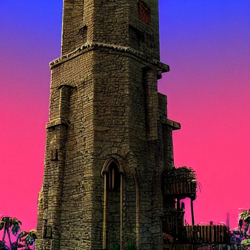 Prompt: synthwave medieval tower and landscape