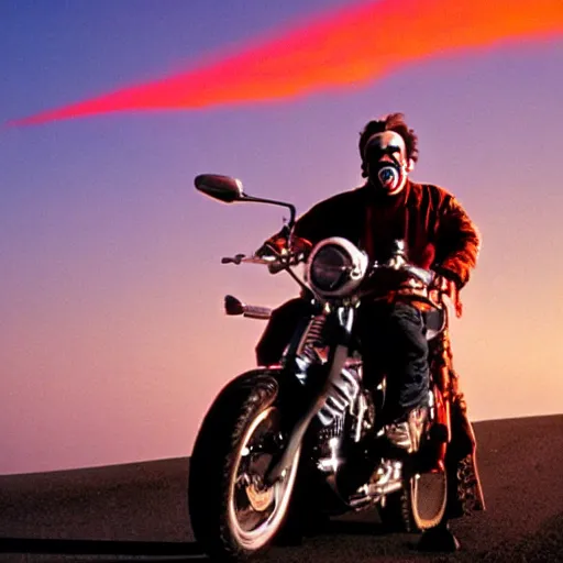 Prompt: robin williams on a motorcycle, rescue mission, necropolis, john candy passenger, clown makeup, excited expression, burning basalt columns, sentient obelisk horizon, hazy red sky, rock atmosphere ceiling, dantes inferno, photo