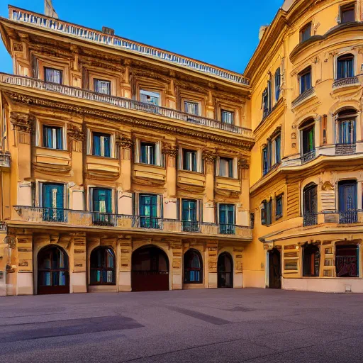 Prompt: High-quality DSLR photography of the facade of a beaux-arts style flat in Monaco at dawn, baroque, wide-angle, warm lighting, long shadows, beams of sunlight.