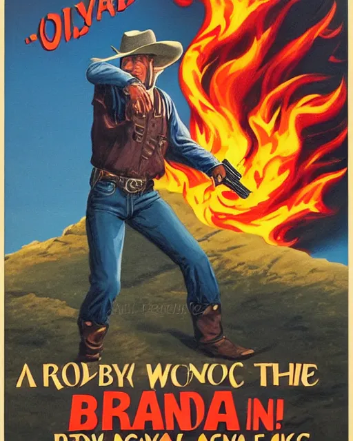 Prompt: a book cover featuring a texan cowboy on fire, brandishing a gun, dramatic, poster art by robert brackman, featured on flickr, fantasy art, tarot card, poster art