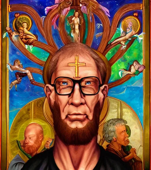 Image similar to symmetry, hank hill as the saint of propane, renaissance religious painting, art by mike judge, art by josephine wall, art by amanda sage, trending on artstation