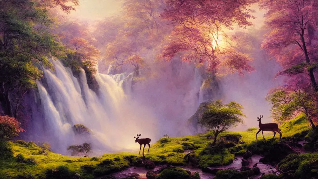 Image similar to the most beautiful panoramic landscape, oil painting, where a giant dreamy waterfall creates a river, the trees around are starting to bloom in pink, purple and yellow colors, a majestic deer is in close - up and it is under a giant tree while it is exhaling steam, the ray lights of the sunrise are brightening him, by greg rutkowski