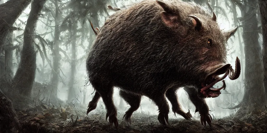 Image similar to giant monstrous wild boar with red eyes and many tusks, in dark woods, dim colors, forest, highly detailed illustration, masterpiece, fantasy, magical, hyperdetailed, realistic, witch fairytale, 4 k, 8 k, highly detailed matte painting, dungeons and dragons