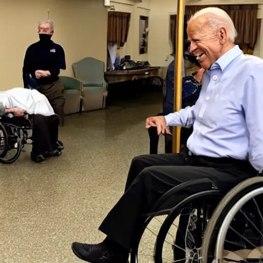 Prompt: photo of Joe Biden in a wheelchair at the senior center