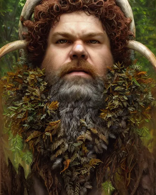 Image similar to patrick rothfuss as forest druid with ram horns and leaves in his beard | highly detailed | very intricate | symmetrical | cinematic lighting | award - winning | closeup portrait | painted by donato giancola and mandy jurgens and charlie bowater | featured on artstation