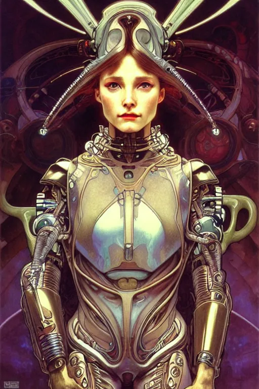 Prompt: realistic detailed face portrait of a beautiful futuristic godness warrior in alien cyberpunk armor, natural pose by alphonse mucha, ayami kojima, amano, greg hildebrandt, and mark brooks, female, feminine, art nouveau, cyberpunk, neo - gothic, gothic, character concept design