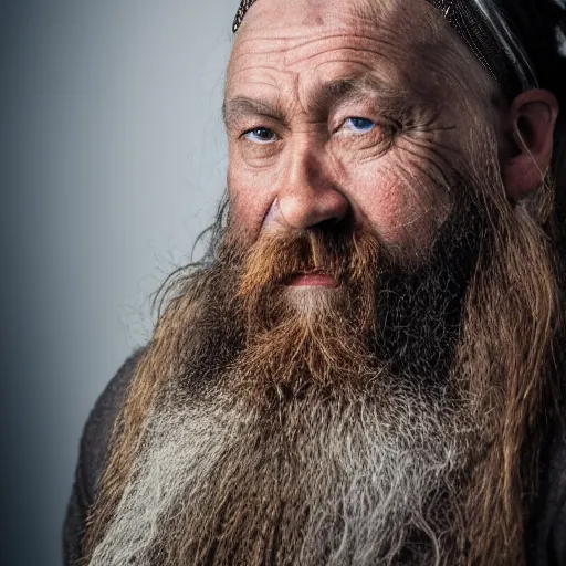 Prompt: stunning photography portrait of mighty dwarf king with long beard from photography award winning, perfect Rembrandt lighting, rule of third, DSLR, f 1.4