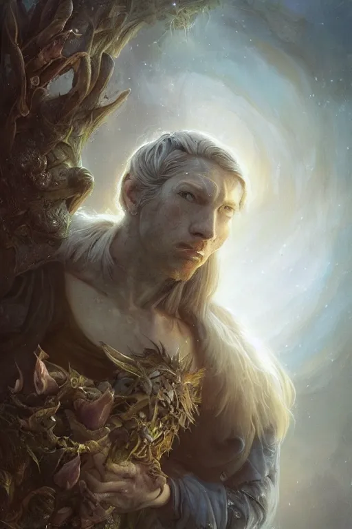 Image similar to closeup portrait shot of domhnall gleeson as puck, robin goodfellow, pooka, fairy wings, highly detailed, digital painting, artstation, concept art, soft focus, depth of field, artgerm, tomasz alen kopera, peter mohrbacher, donato giancola, wlop, boris vallejo