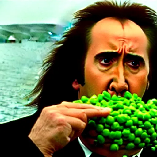 Image similar to nicolas cage screaming with a mouth full of peas, movie still, the wicker man