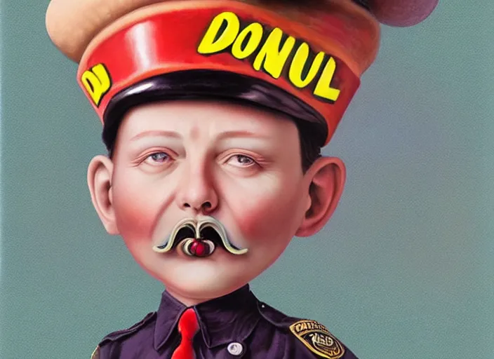 Image similar to a donut head police officer, lowbrow, matte painting, 3 - d highly detailed, in the style of mark ryden,