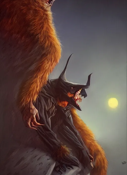 Prompt: night, long shot, sinister male, concept art, horror, body is covered in short fur, he has oversized batwings, he flies, realistic shaded, airbrushed, realistic, artstation, art by michael whelan