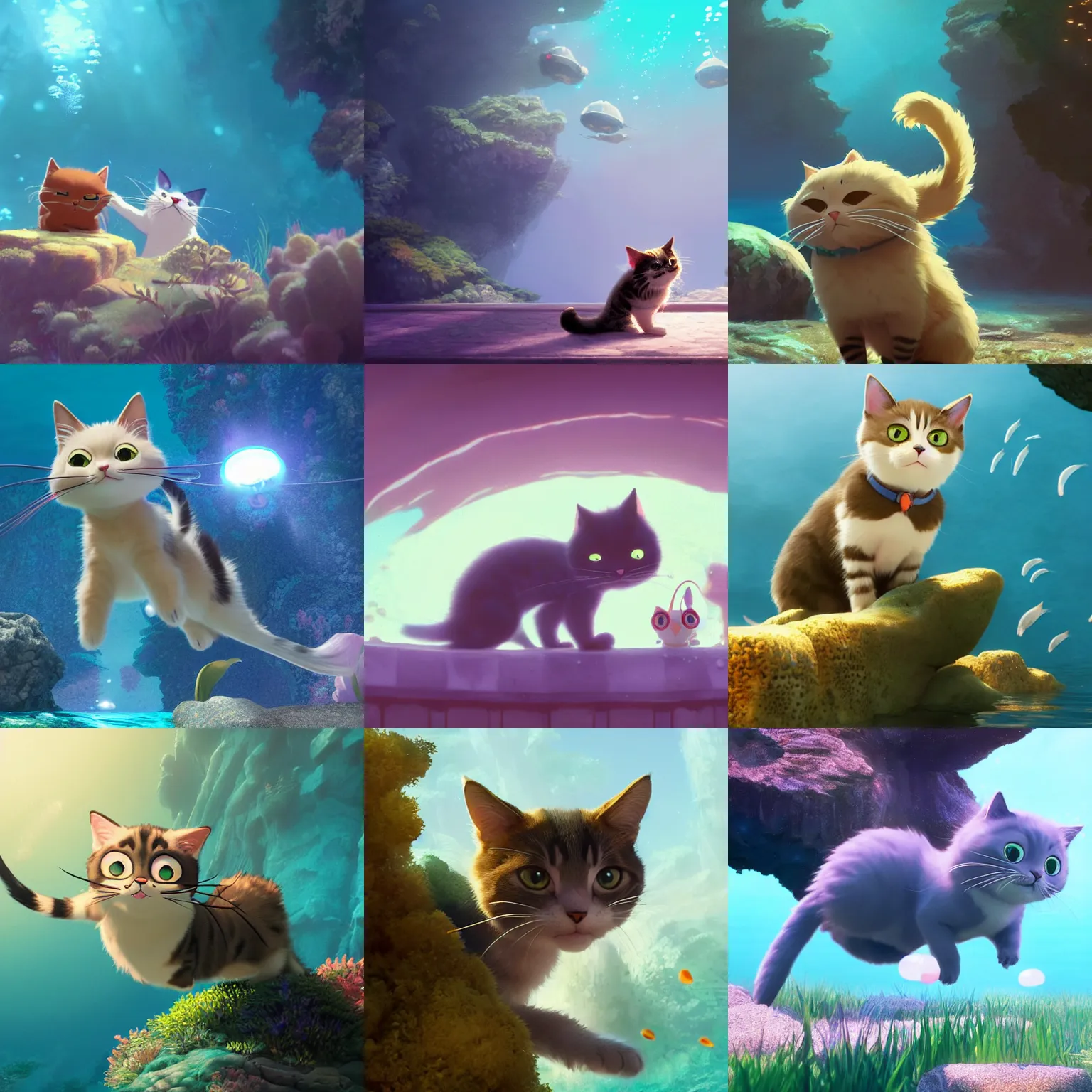 Prompt: a wholesome animation key shot of a cute cat is doing underwater diving, studio ghibli, pixar and disney animation, sharp, rendered in unreal engine 5, anime key art by greg rutkowski, bloom, dramatic lighting