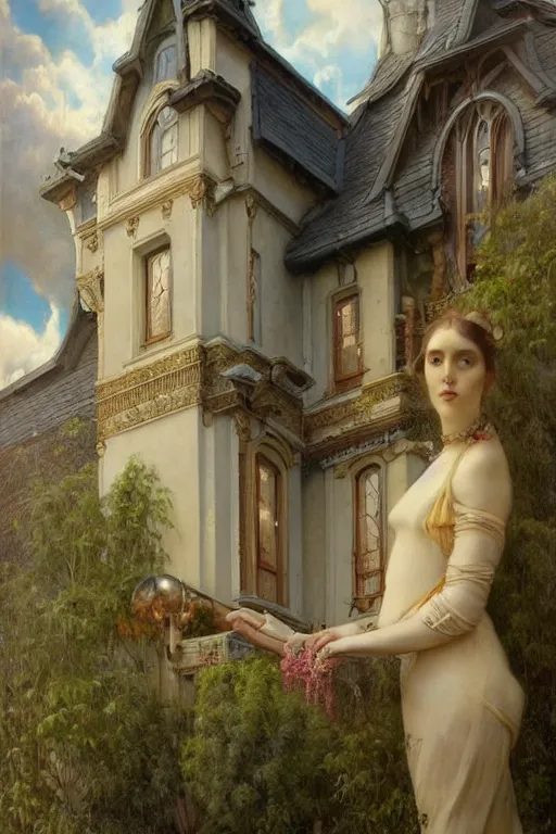 Image similar to House by Tom Bagshaw in the style of Gaston Bussière, art nouveau