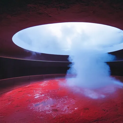 Prompt: an indoor planetoid with oceans of sulfur and red geysers. award - winning photography.