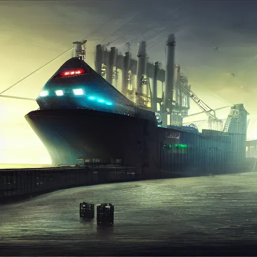 Prompt: Immense industrial futuristic cargo ship arrives at cyber punk city sea port, cinematic lighting, concept art