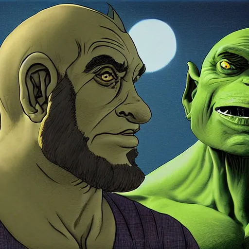 Prompt: two men having a conversation in the foreground being watched by a ffat, green orc in the background, kubrick stare, digital art