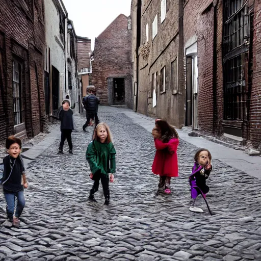 Image similar to spooky image of children playing in cobblestone street while spectral ghosts watch from above