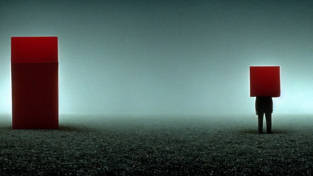 Prompt: cube man, film still from the movie directed by denis villeneuve and david cronenberg with art direction by salvador dali and zdzisław beksinski, wide lens