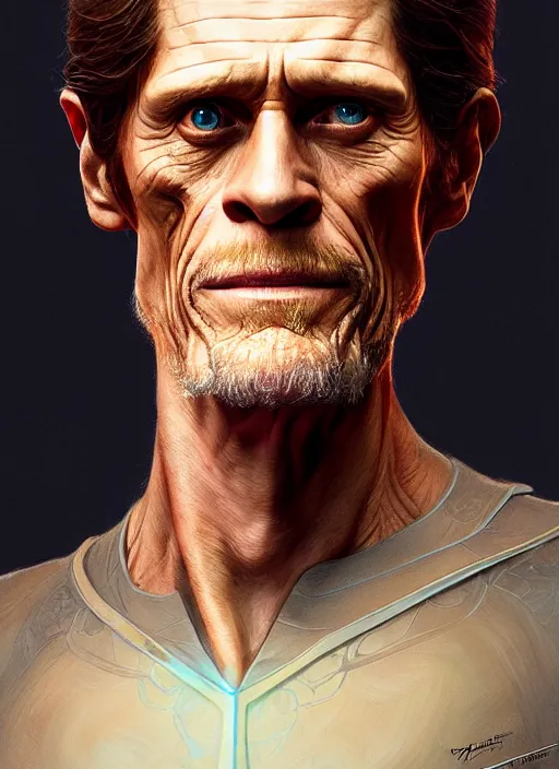 Image similar to williem dafoe as oscar diggs, intricate, d & d, fantasy, art nouveau, digital painting, trending on artstation, sharp focus, illustration, concept design, global illumination, ray tracing, art by artgerm and greg rutkowski and ruan jia