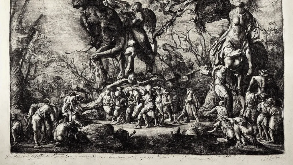 Prompt: a medieval chiaroscuro lithograph of a colossal sculpture garden, enormous creatures augment my desire