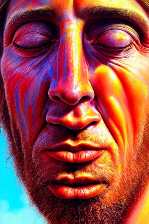 Image similar to hyperrealistic close - up portrait of psychedelic!!!!!!!!!! neuro - shaman hippy highly detailed concept art eric zener elson peter cinematic hard lighting high angle hd 8 k sharp shallow depth of field, inspired by denis villeneuve and zdzisław beksinski