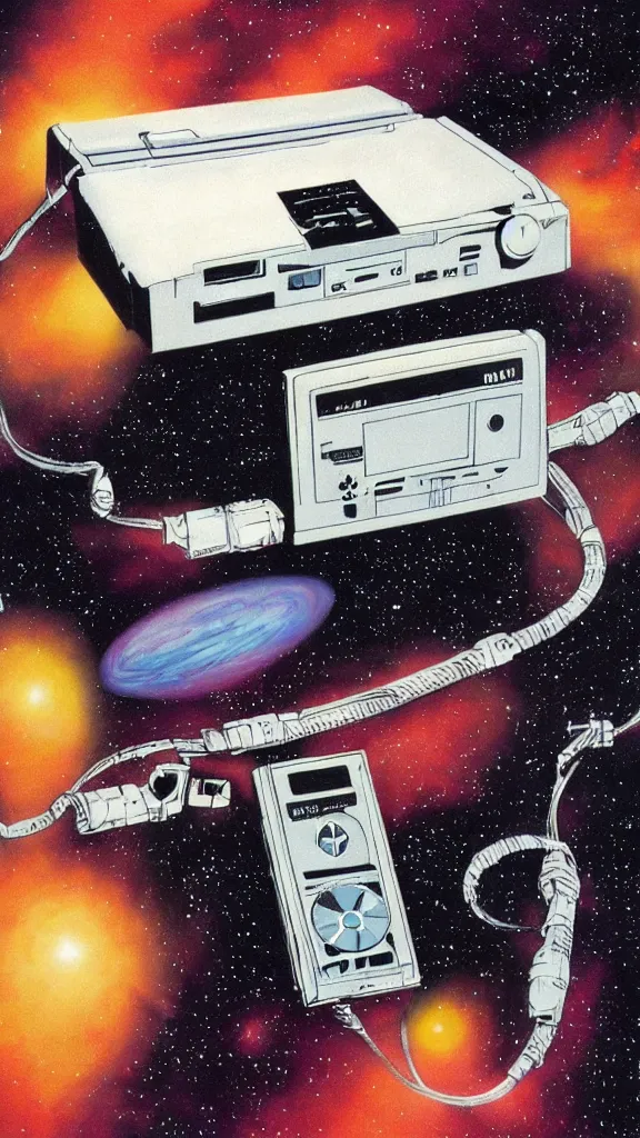 Prompt: 1 9 8 0 s airbrush surrealism illustration of a cassette walkman, 2 0 0 1 a space odyssey