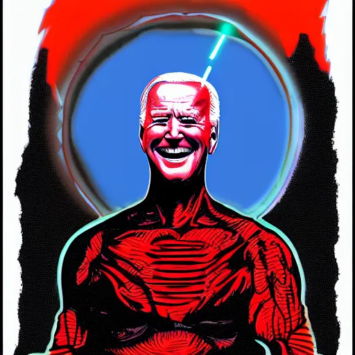 Prompt: joe biden with glowing red laser eyes. wrathful supervillain. laughter. science fantasy art.