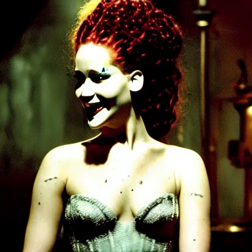 Image similar to jennifer lawrence as the bride of frankenstein, color photography, sharp detail, wicked smile, still from the movie van helsing