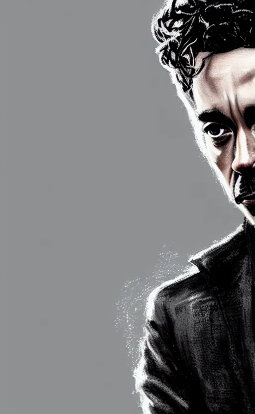 Image similar to portrait of robert sheehan as tony stark from the avengers infinity war, marvel concept art, hyperrealistic, detailed, accurate illustration, dramatic lighting, action pose