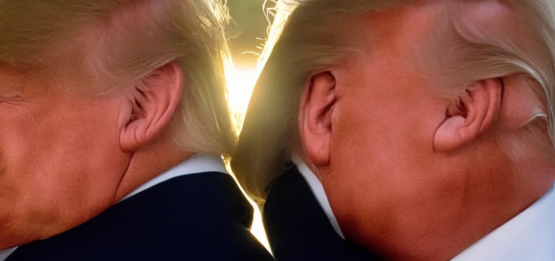 Image similar to beautiful high quality romantic portrait photo of donald trump kissing donald trump. hq. hdr. golden hour. donald trump and donald trump kissing on the lips. very high resolution. amazing lighting.