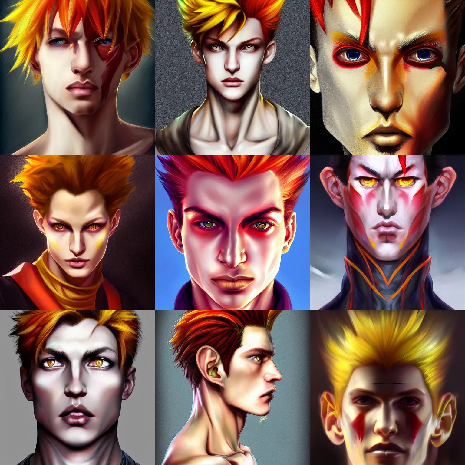 Prompt: portrait of hisoka morow hunter hunter madonna inspired, 2 0 years old, male, very very sharp jaw yellow eyes very very narrow yellow iris red red red hair soft hair slicked back crimson medium length hair, anime highly detailed, digital painting, artstation sharp focus, illustration, art by artgerm and greg rutkowski