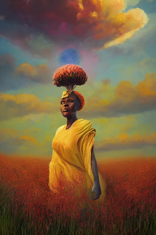 Image similar to closeup, giant flower as head, african woman in heather field, surreal photography, golden hour, colorful clouds, impressionist painting, digital painting, artstation, simon stalenhag