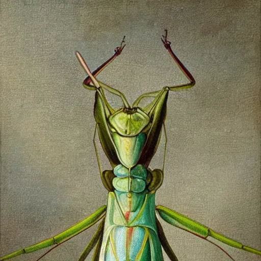 Prompt: a praying mantis wearing French attire, painted in the style of Leonardo DaVinci