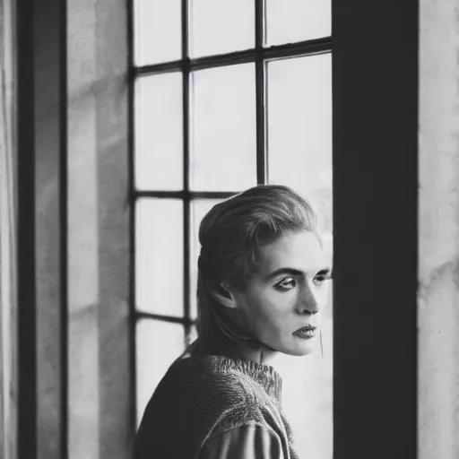 Image similar to black and white fashion photograph highly detailed portrait of a depressed beautiful 30 years old model woman standing by the window, natural light, rain, mist, lomo, fashion photography, film grain, soft vignette, sigma 85mm f/1.4 1/10 sec shutter