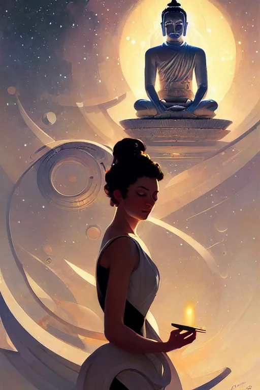 Prompt: space, temple, buddhism, futurism, painting by greg rutkowski, j. c. leyendecker, artgerm