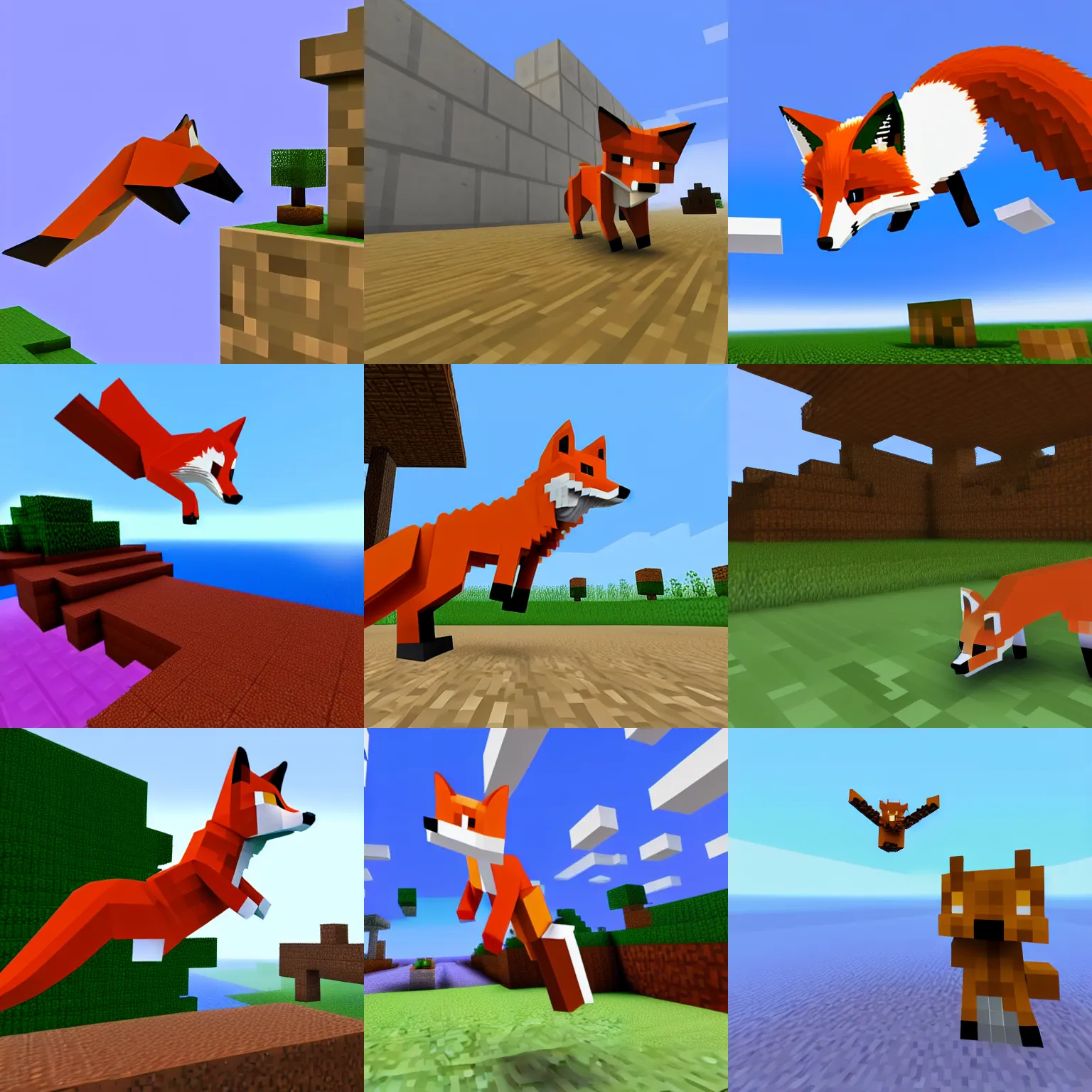 Prompt: fox flying in front of white crunch in minecraft end, 4k