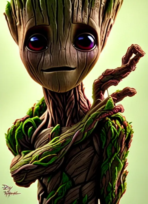 Image similar to cute baby groot, natural lighting, path traced, highly detailed, high quality, digital painting, by don bluth and ross tran and studio ghibli and alphonse mucha, artgerm