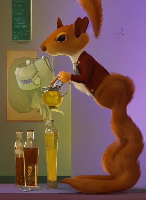 Image similar to squirrel anthro as a dapper bartender with a big, fluffy tail, retro futurism, art deco, detailed, painterly digital art by WLOP and Cory Loftis and Maxfield Parrish, 🐿🍸🍋, furaffinity, trending on artstation