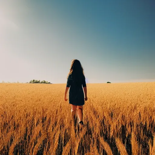 Image similar to a girl walking in a wheat field, sunlight, photography, realistic, high quality,